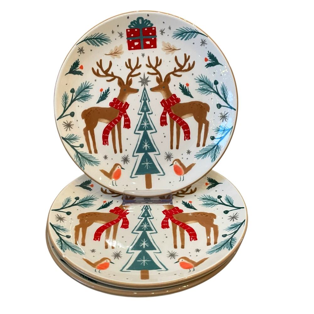 Prima Design WOODLAND CHRISTMAS DEER Ceramic Salad Plate 8.5in Set of 3 New
